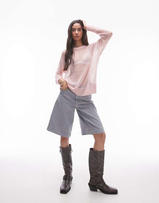Topshop - Maglione taglio lungo rosa trasparente