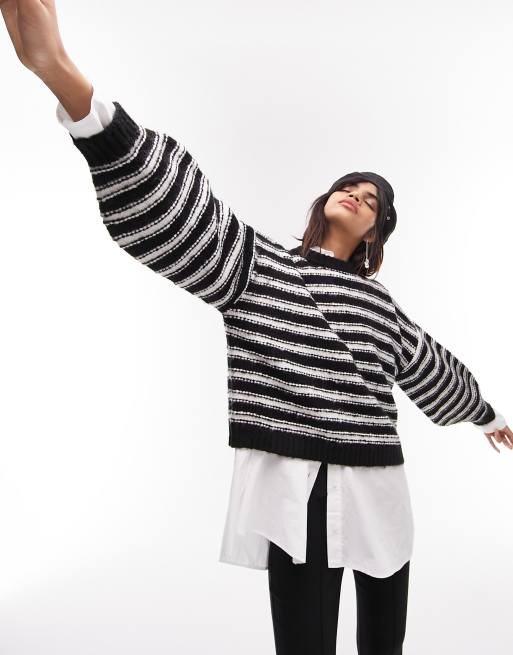 Topshop - Maglione testurizzato bianco e nero a righe
