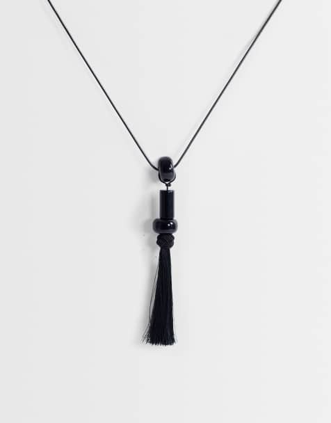 Topshop – Magnus – Svart rephalsband med pärlor och tofsar - view 1