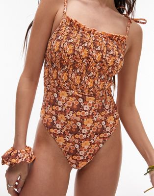 Topshop tie-shoulder shirred swimsuit in brown ditsy floral with matching scrunchie - ASOS Price Checker