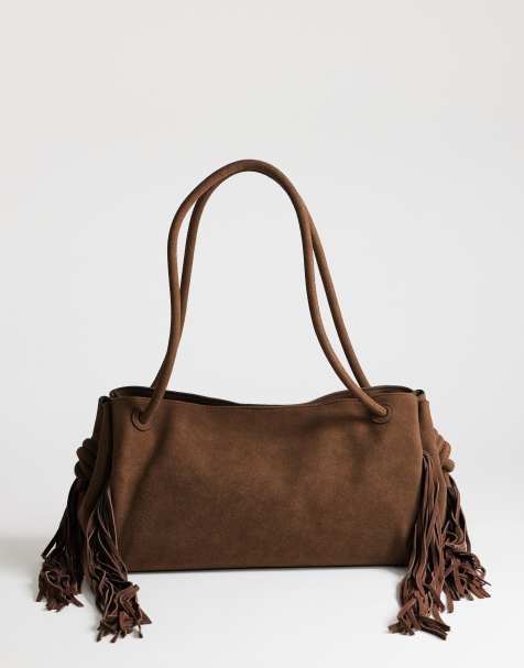 Topshop - Maisie - Borsa da spalla grande color cioccolato con nappe in vera pelle - view 1