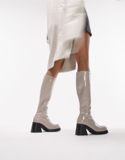 Topshop Maisie knee high block heel boots in off white, 4 of 4