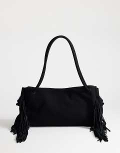 Maisie large shoulder bag with real leather tassels in black