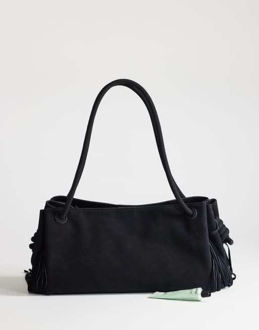 Topshop Maisie large shoulder bag with real leather tassels in black, 2 of 4
