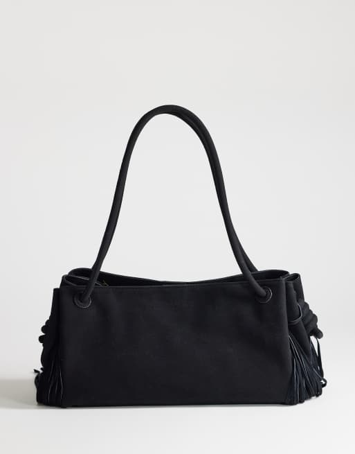 Topshop Maisie large shoulder bag with real leather tassels in black, 4 of 4