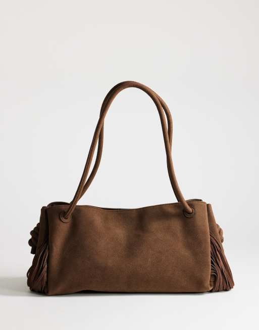 Topshop Maisie large shoulder bag with real leather tassels in chocolate, 4 of 4