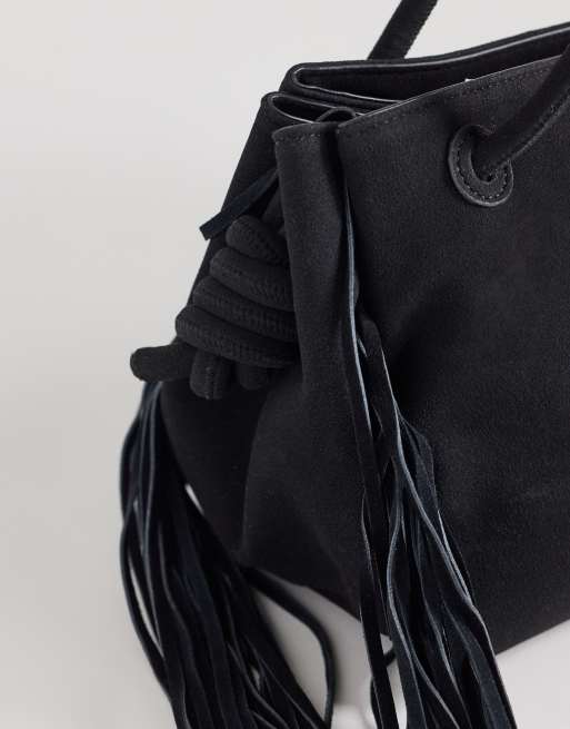 Topshop – Maisie – Schultertasche in Schwarz mit Quasten aus echtem Leder, 3 von 4
