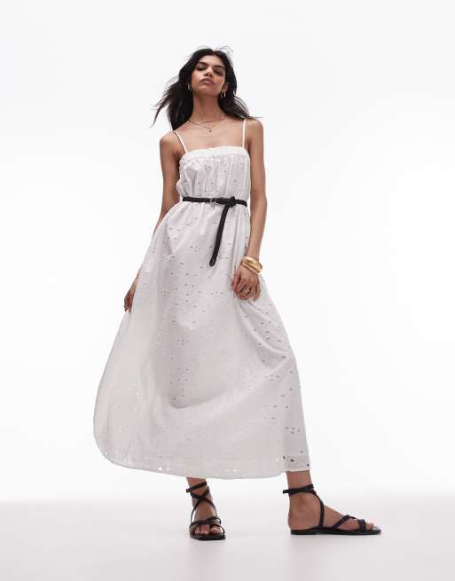  Topshop - Makkelijke midi jurk met broderie en bandjes in ivoorwit 