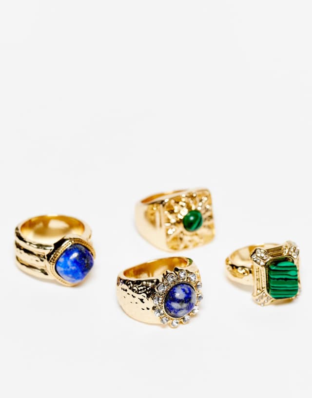 Topshop malachite and lapis 4 pack ring in gold