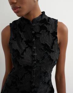 Model wearing Mandarin lace velvet mix button down longline top in black