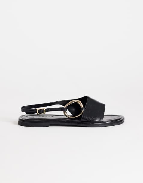 Topshop Mandy round toe flat sandal with hardware in black - view 1