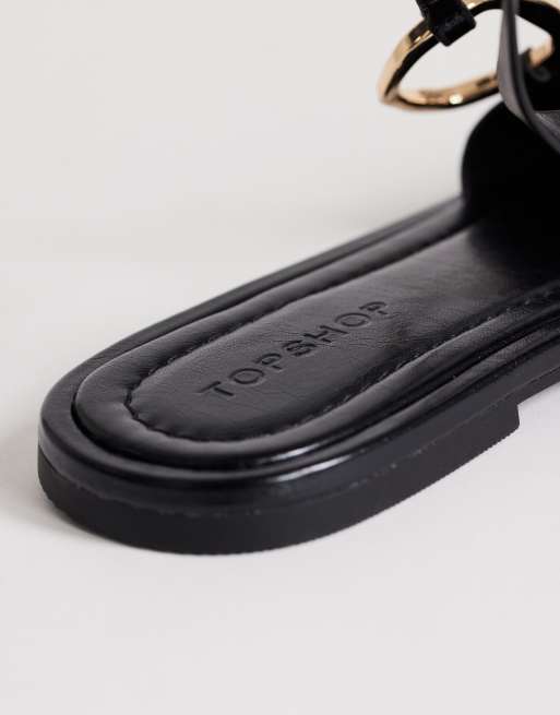 Topshop Mandy round toe flat sandal with hardware in black, 3 of 4