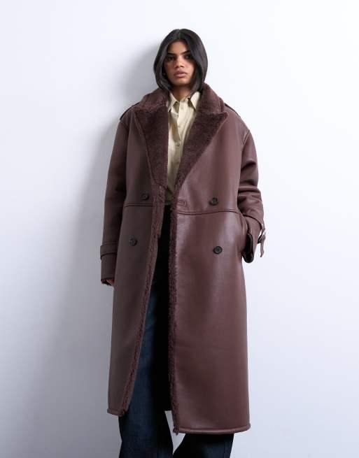 Topshop - Manteau aviateur long oversize imitation peau de mouton - Chocolat, 2 de 4