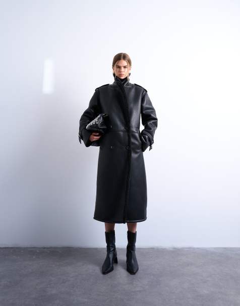 Topshop - Manteau aviateur long oversize imitation peau de mouton - Noir - view 1