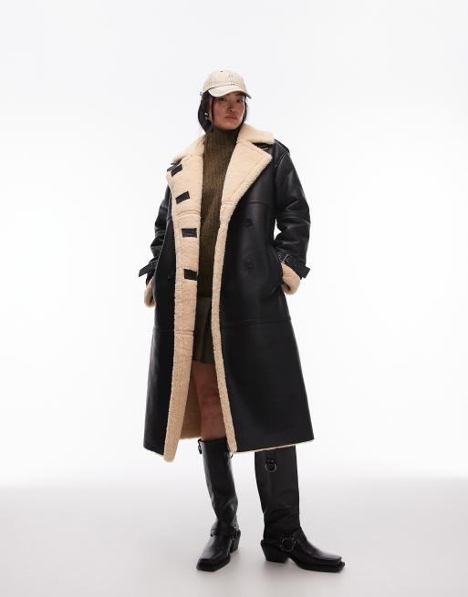 Topshop - Manteau aviateur oversize imitation peau de mouton - Noir, 4 de 4