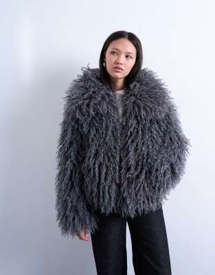 Topshop - Manteau bomber en fausse fourrure style Mongolie - Gris
