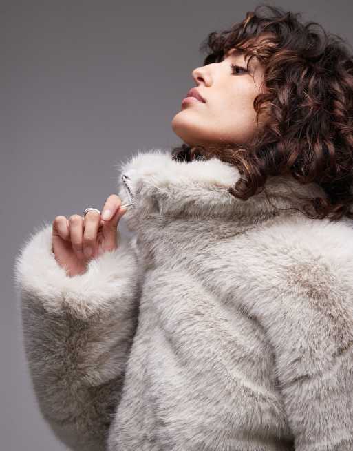 Veste Topshop Fausse Fourrure Grise – Doublée Satin, Style Y2K, Taille UK 10