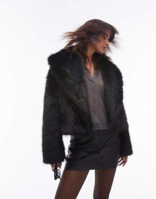 Topshop - Manteau court en fausse fourrure - Noir