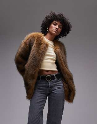 Topshop - Manteau court en fausse fourrure sans col - Multicolore
