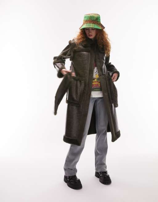 Topshop - Manteau d’aviateur long en fausse fourrure - Olive