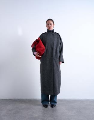 Topshop - Manteau habillé long à col cheminée - Gris