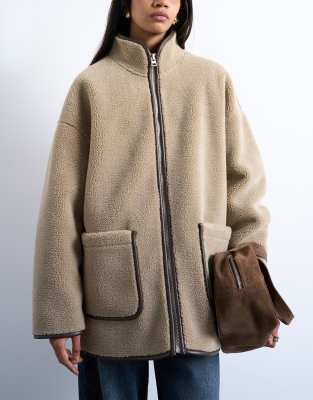 Topshop - Manteau long à col montant en shearling duveteux-Brown
