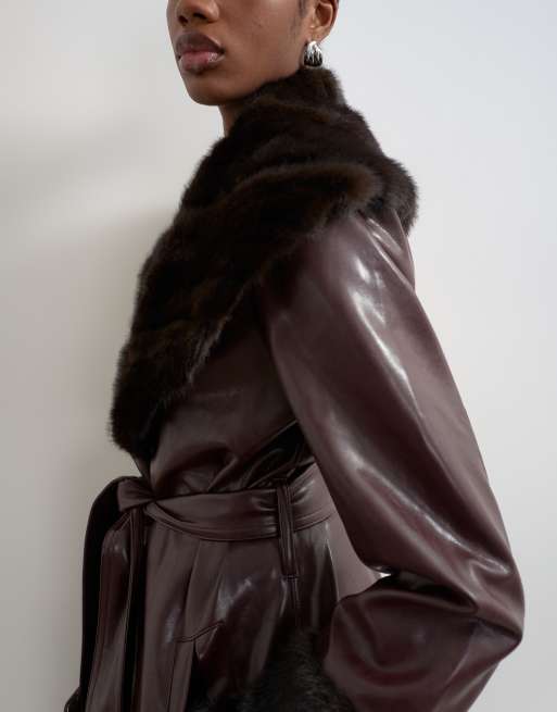 Topshop manteau long avec finitions en fausse fourrure bordeaux, 3 de 4