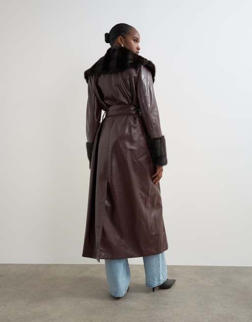 Topshop manteau long avec finitions en fausse fourrure bordeaux, 4 de 4