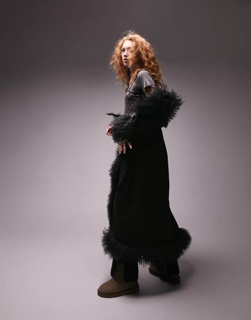 Topshop - Manteau long en daim véritable de qualité supérieure - Noir, 3 de 4