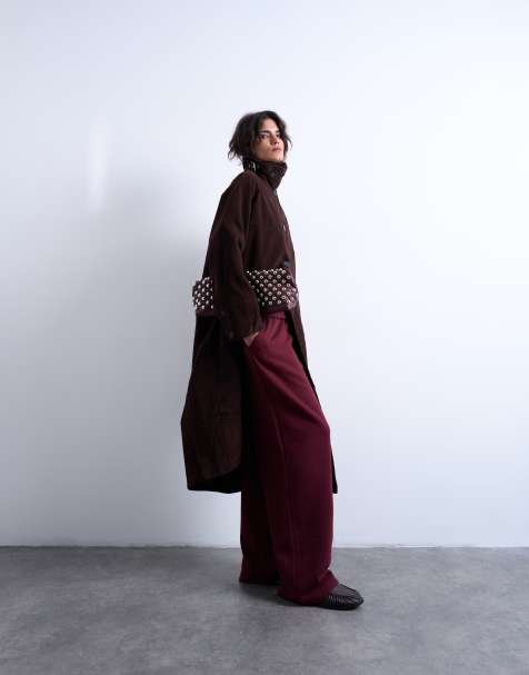 Topshop - Manteau long en imitation daim avec languette sur la nuque - Marron - view 1