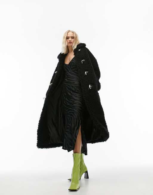 Topshop - Manteau long en imitation peau de mouton avec cordon coulissant - Noir