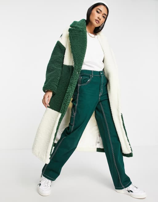 Topshop - Manteau long en imitation peau de mouton motif patchwork - Vert & crème