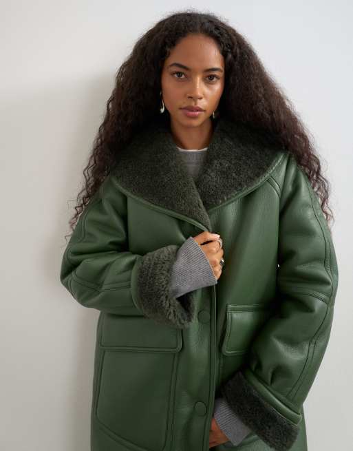Topshop manteau long en imitation peau de mouton vert, 2 de 4