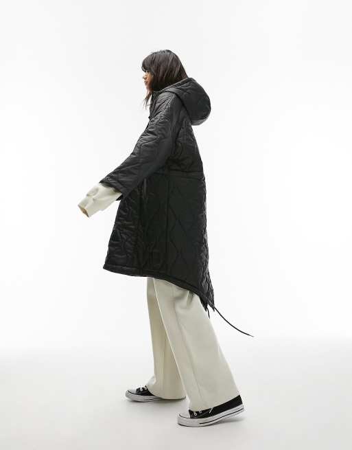 Topshop - Manteau long matelassé coupe trapèze avec capuche et doublure - Noir, 4 de 4
