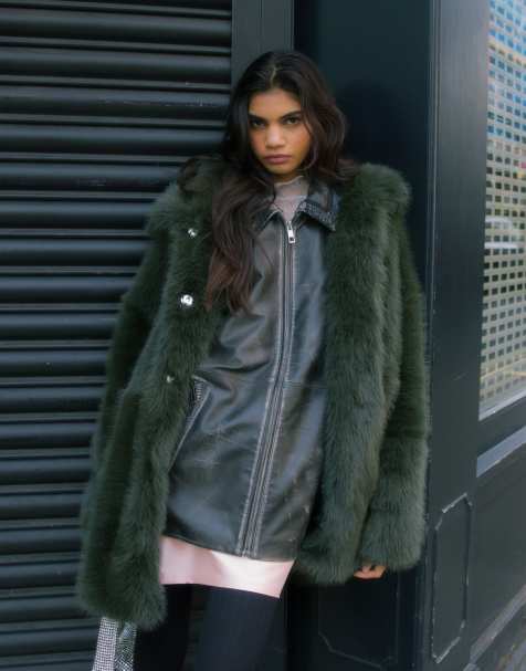 Topshop - Manteau mi-long en fausse fourrure à col cheminée - Vert - view 1