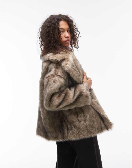 Topshop Manteau mi long en fausse fourrure Marron clair ASOS