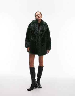 Topshop mid length faux fur coat in forest green - ASOS Price Checker