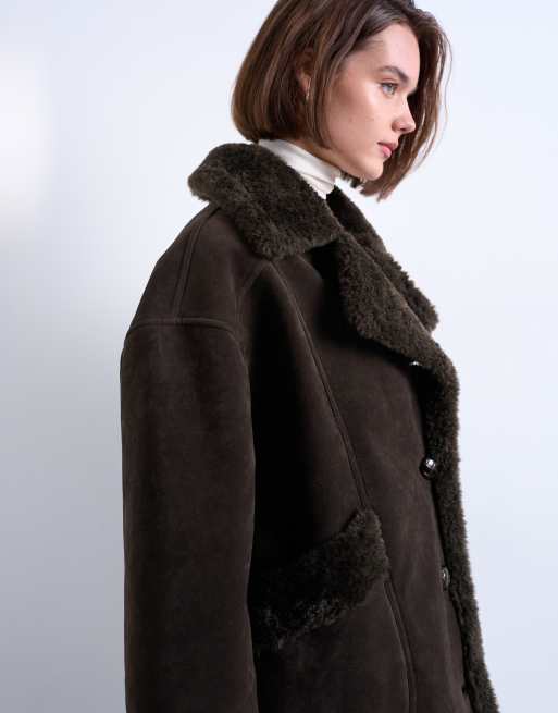 Topshop - Manteau oversize en imitation daim et peau de mouton - Marron chocolat, 3 de 4