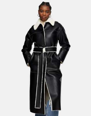 Manteau Topshop Noir Avec Bordure En Fausse Fourrure Blanche Amovible - Taille UK 8, Occasion Très Bon état