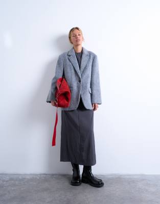 Topshop - Manteau style blazer long en laine mélangée brossée à un bouton - Gris chiné