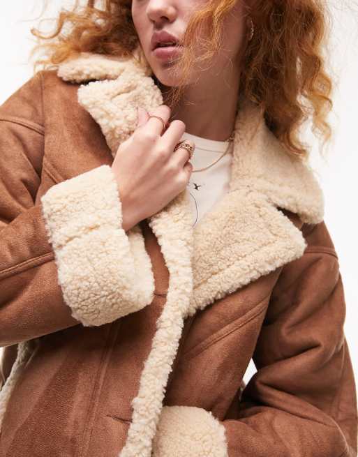 Topshop - Manteau long en fausse fourrure - Marron foncé