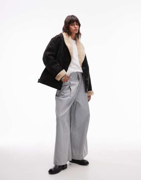 Topshop - Manteau style pilote en imitation peau de mouton - Noir/crème - view 1