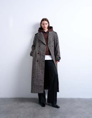 Topshop - Manteau ultra long en sergé de laine mélangée à ceinture - Multicolore