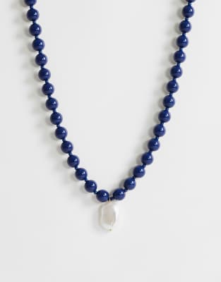 Topshop Marais Beaded Necklace With Pearl Charm In Blue