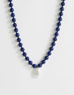 Marais beaded necklace with pearl charm in blue and white faux marble