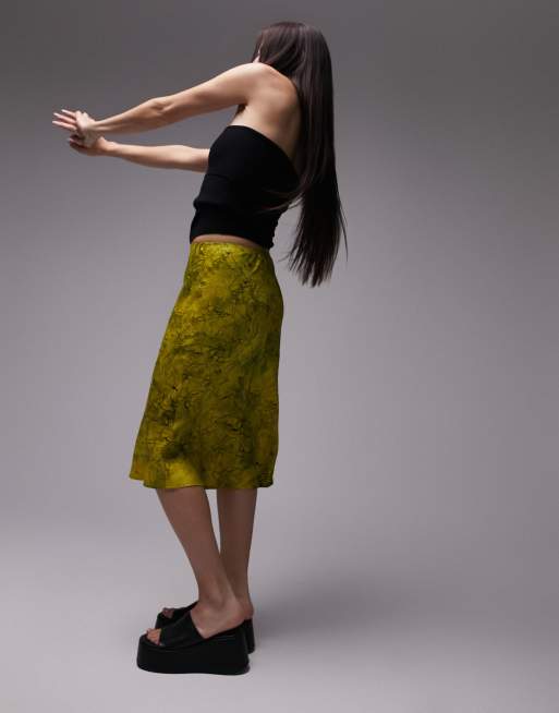 Topshop marble crack print 90s length bias skirt in chartreuse