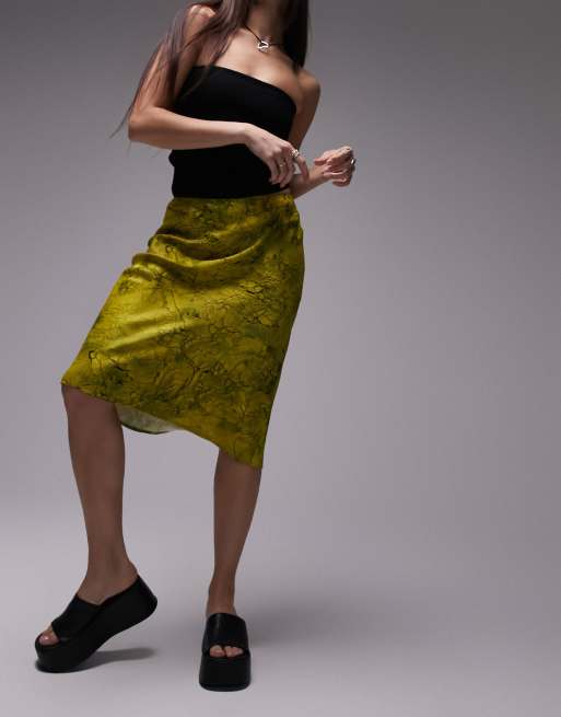 Topshop marble crack print 90s length bias skirt in chartreuse