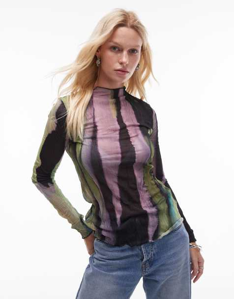 Topshop marble print crinkle long sleeve top in multi - view 1