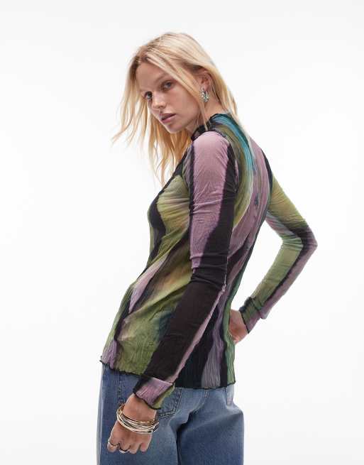 Topshop marble print crinkle long sleeve top in multi | ASOS