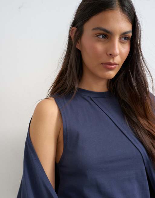 Topshop – Marinblå, draperad t-shirt med capedetalj, 4 av 4